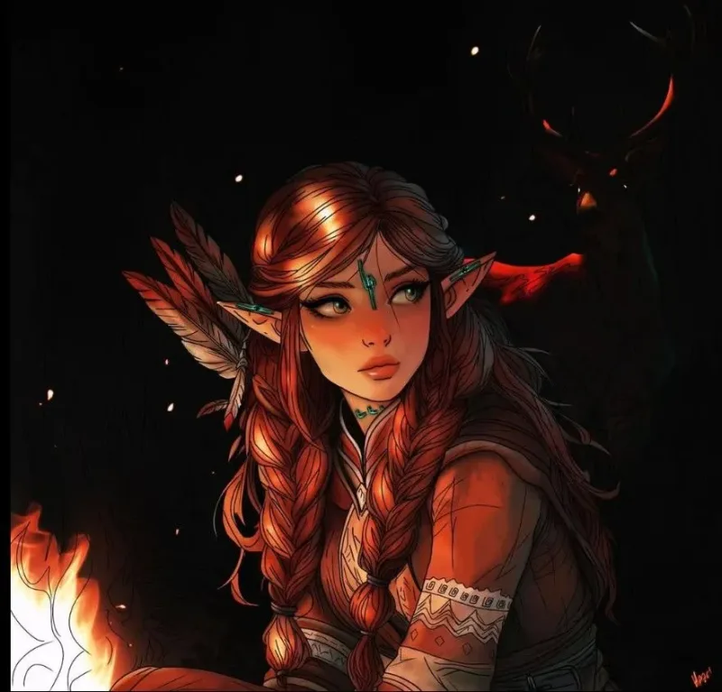 Character portrait of a red-haired elven ranger with pointed ears, feathers, and warm orange light