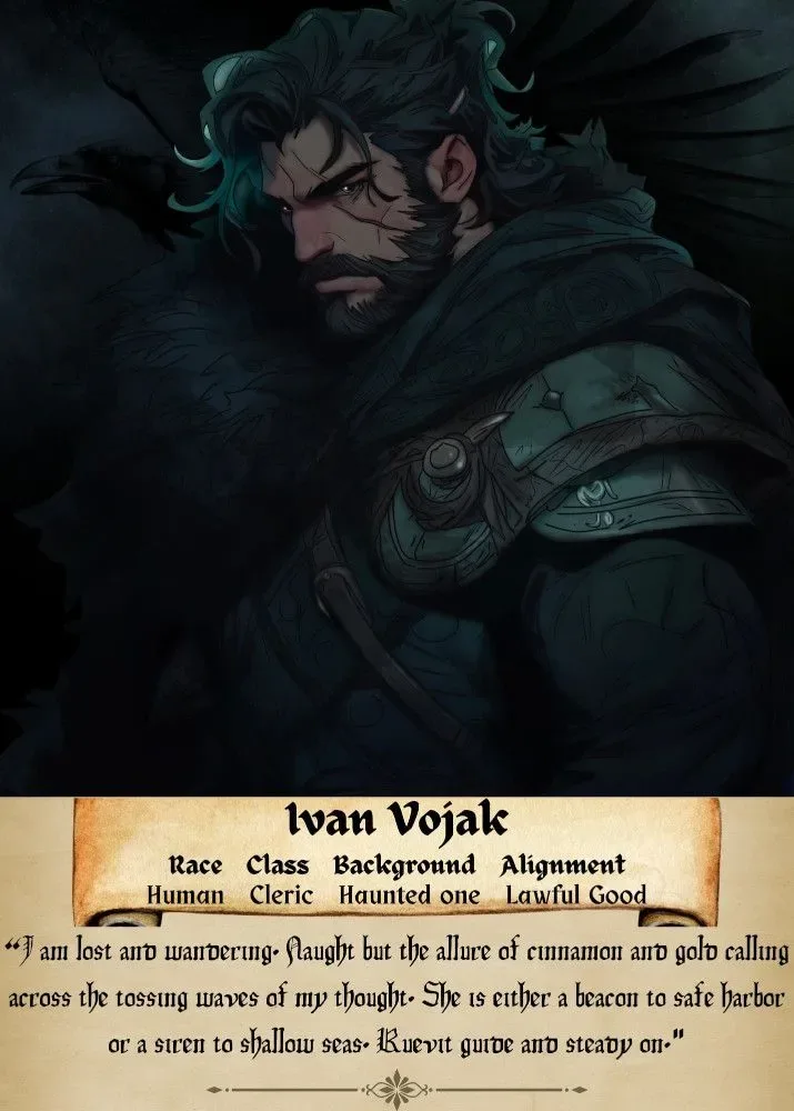 Portrait of bearded cleric Ivan Vojak in a dark hooded cloak with a character sheet beneath