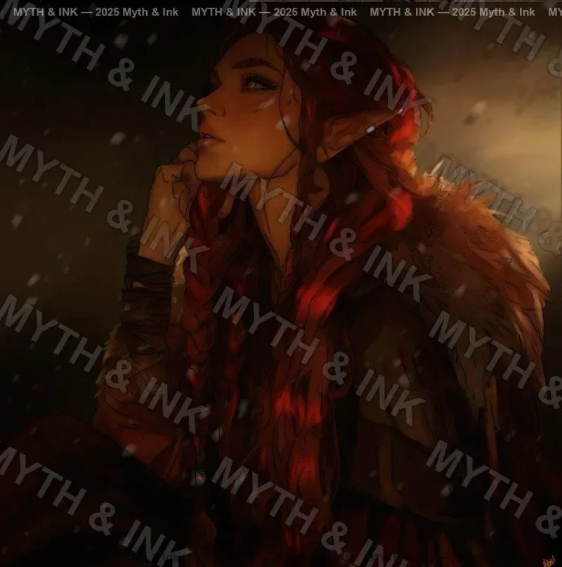 Firelit portrait of a red-haired elf with pointed ears, braids, and a fur-trimmed mantle