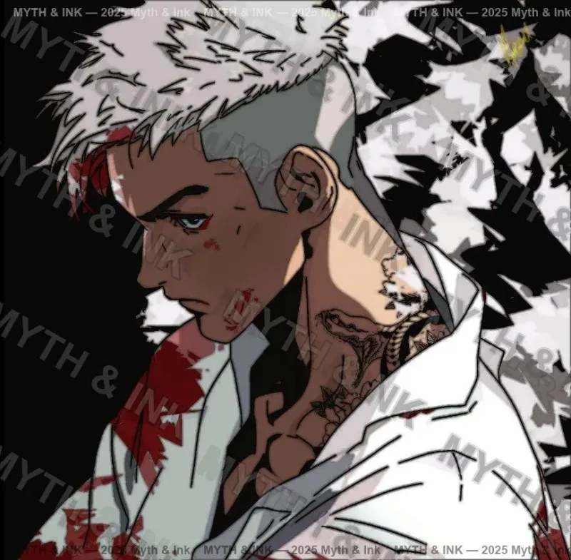 Close character portrait of a silver-haired warrior in a white coat against a dark background