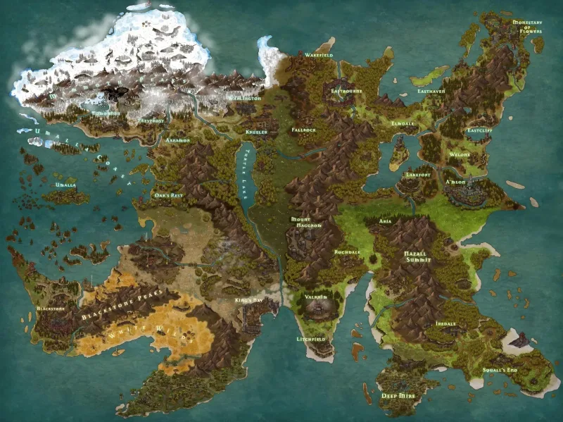 Illustrated fantasy world map with named regions, coastlines, mountains, islands, and settlements