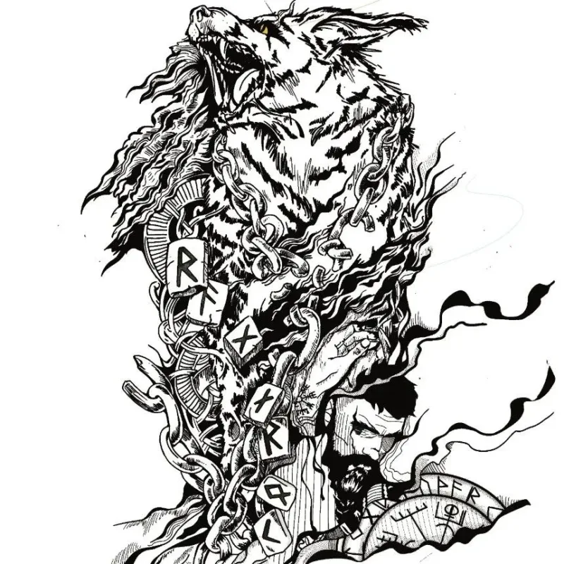 Black-ink fantasy tattoo design showing a roaring furred beast entwined with runes and curling forms